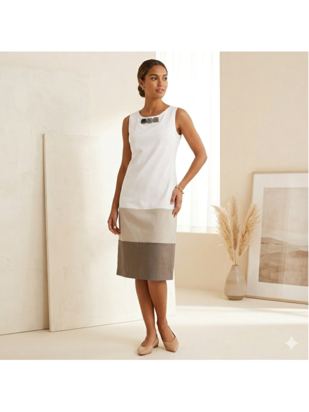 Max Mara Linen Cotton Dress Womens 8 Colorblock Shift Embellished Jewel Neck